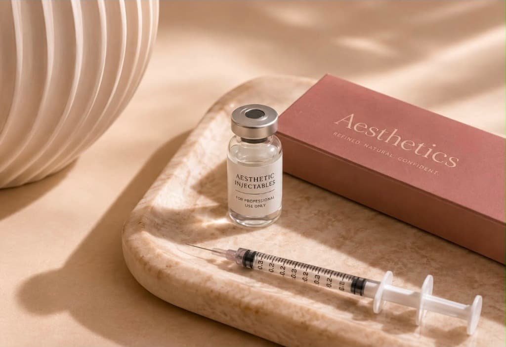 Aesthetic consultation supplies arranged on a marble tray